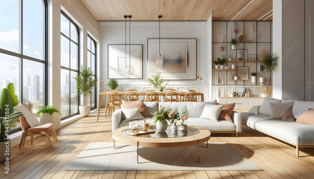Fototapeta premium A modern Scandinavian style living room featuring a large white sofa adorned with multiple throw pillows, a light wood coffee table with decorative vases.