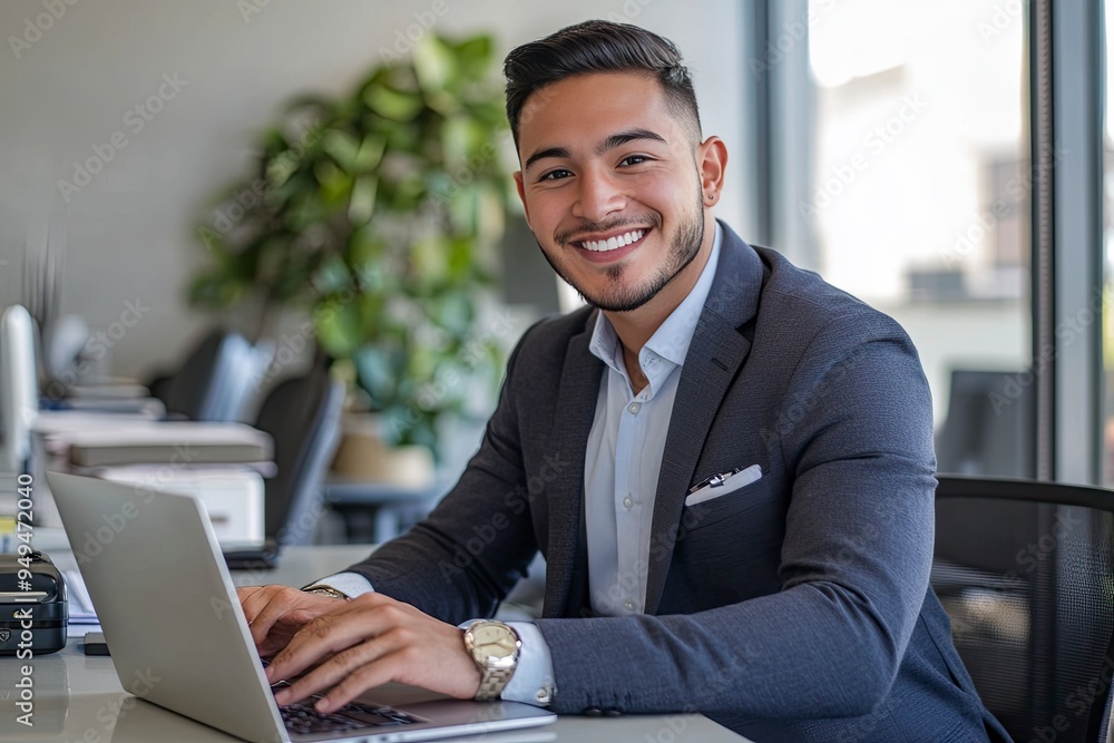 Happy professional business man company employee, young entrepreneur, smiling latin businessman working on laptop computer technology looking at camera working in office sitting at desk, portrait, ai Happy professional business man company employee, young entrepreneur, smiling latin businessman working on laptop computer technology looking at camera working in office sitting at desk, portrait, ai