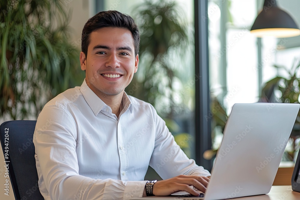 Happy professional business man company employee, young entrepreneur, smiling latin businessman working on laptop computer technology looking at camera working in office sitting at desk, portrait, ai Happy professional business man company employee, young entrepreneur, smiling latin businessman working on laptop computer technology looking at camera working in office sitting at desk, portrait, ai