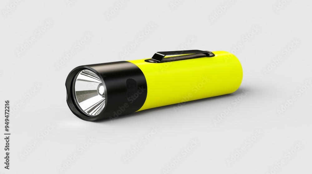 A bright yellow flashlight with a black onoff switch centered on a plain background highlighting its utility and design A bright yellow flashlight with a black onoff switch centered on a plain background highlighting its utility and design
