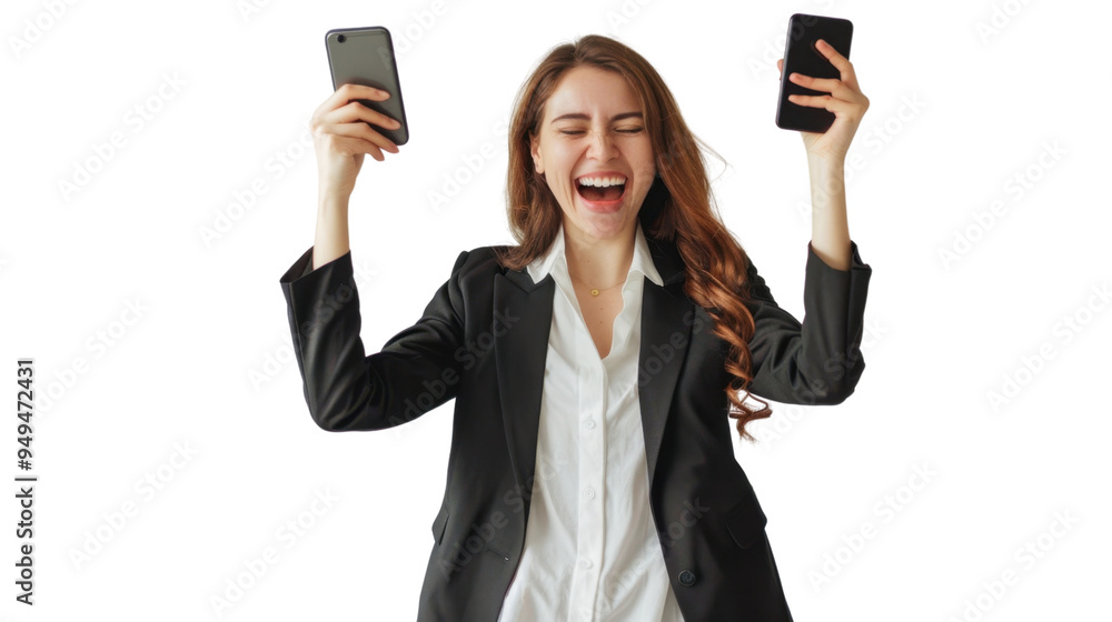 Business woman, winner, phone holding and business success, isolated on white background Business woman, winner, phone holding and business success, isolated on white background