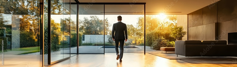 Fototapeta premium Modern Man Walking Towards a Sunny Backyard Through Large Glass Doors