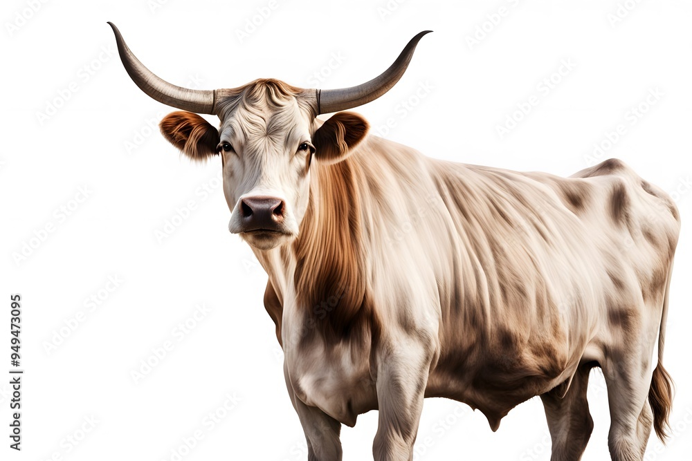 A majestic cow with a glossy coat and large horns standing on a white background, AI Generated A majestic cow with a glossy coat and large horns standing on a white background, AI Generated