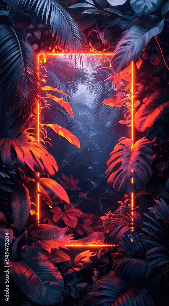Fototapeta premium rectangle frame tropical leave made of neon light