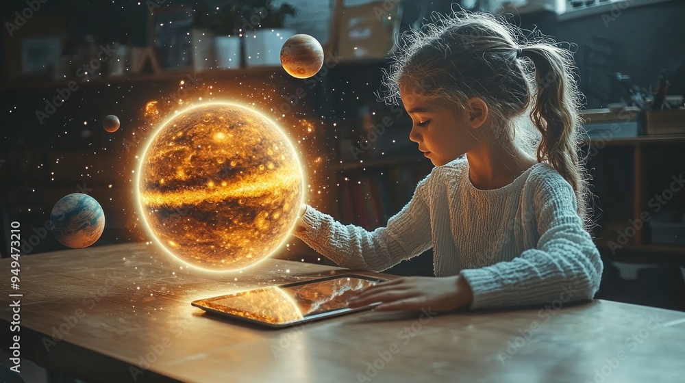 Fototapeta premium Tablet on classroom desk displays an augmented reality hologram with planets and cosmos, illustrating the use of AR technology for engaging and interactive learning experiences.