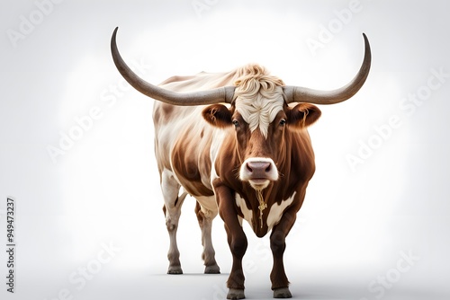 A majestic cow with a glossy coat and large horns standing on a white background, AI Generated