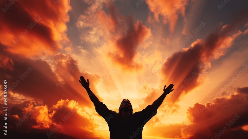 A dramatic scene of a vibrant sky at dawn with rays of sunlight breaking through clouds casting a warm glow on a distant cross Below a peaceful figure of Jesus Christ arms outstretched A dramatic scene of a vibrant sky at dawn with rays of sunlight breaking through clouds casting a warm glow on a distant cross Below a peaceful figure of Jesus Christ arms outstretched