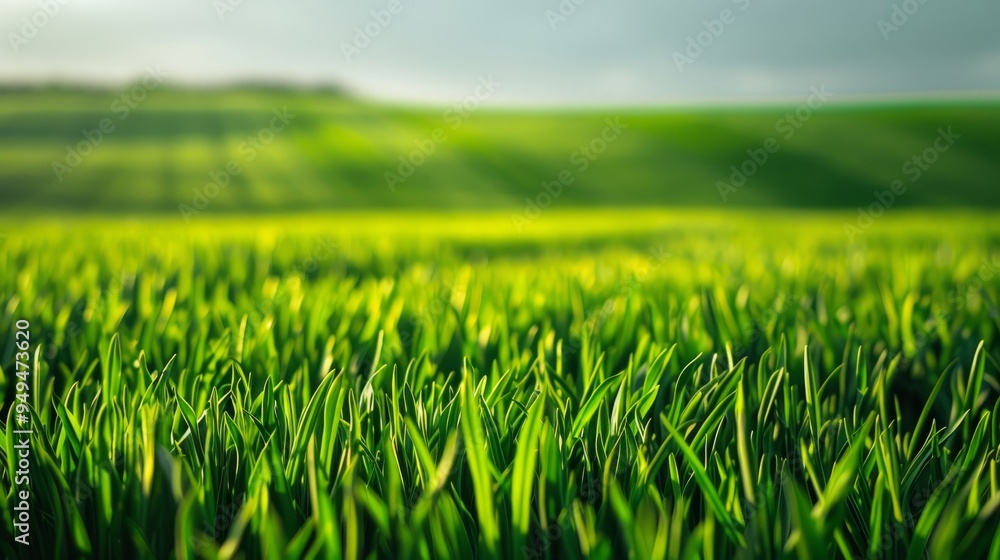 A lush green field displays vibrant tones and a minimalistic aesthetic, capturing the essence of nature in a modern style during a serene morning, copy space A lush green field displays vibrant tones and a minimalistic aesthetic, capturing the essence of nature in a modern style during a serene morning, copy space