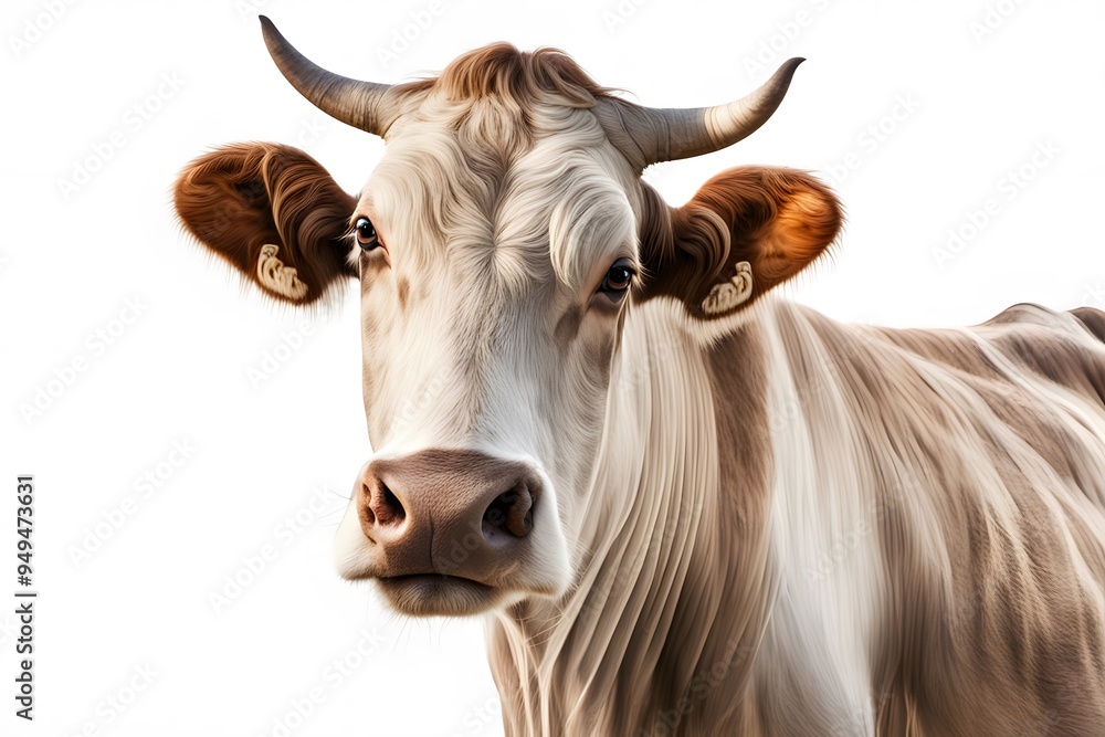 A majestic cow with large expressive eyes and a smooth coat standing on a white background, AI Generated