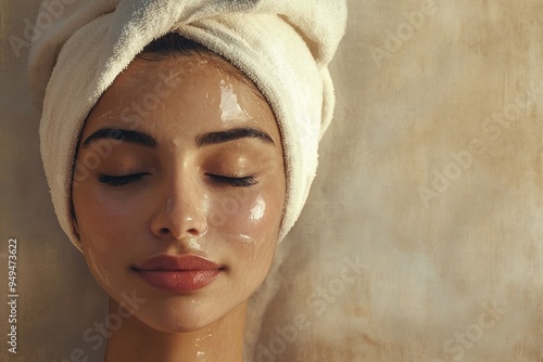Elegant woman enjoying a luxurious spa treatment with a serene expression, emphasizing relaxation, pampering, and high-end spa services. 