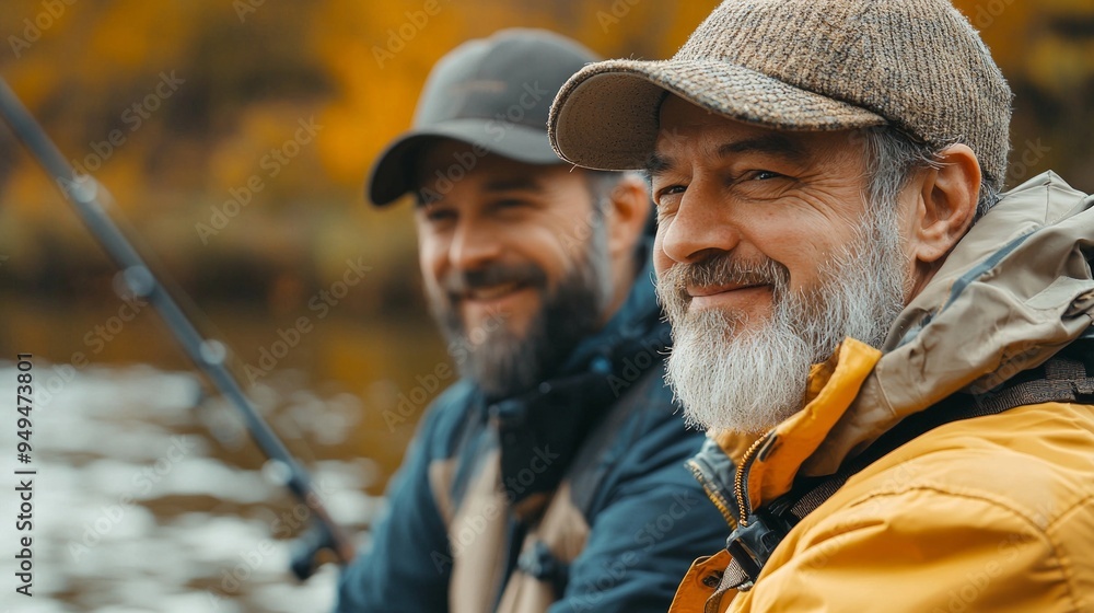 Big game fishing. fly fish hobby of men. retirement fishery. happy fishermen friendship. Two male friends fishing together. Catching and fishing. retired dad and mature bearded son. Big game fishing. fly fish hobby of men. retirement fishery. happy fishermen friendship. Two male friends fishing together. Catching and fishing. retired dad and mature bearded son.