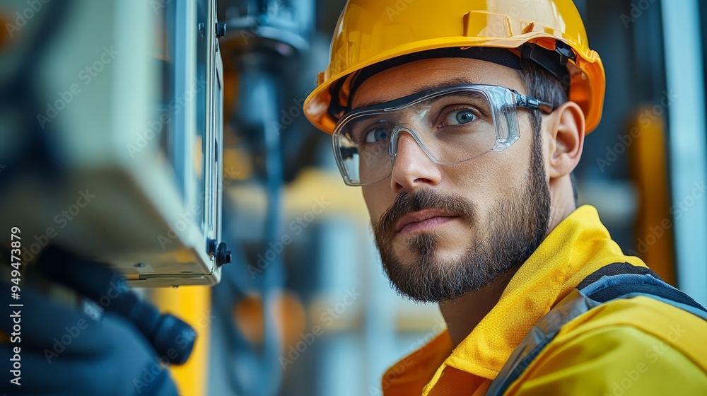 Construction Worker Wearing Yellow Hard Hat and Safety Glasses Construction Worker Wearing Yellow Hard Hat and Safety Glasses