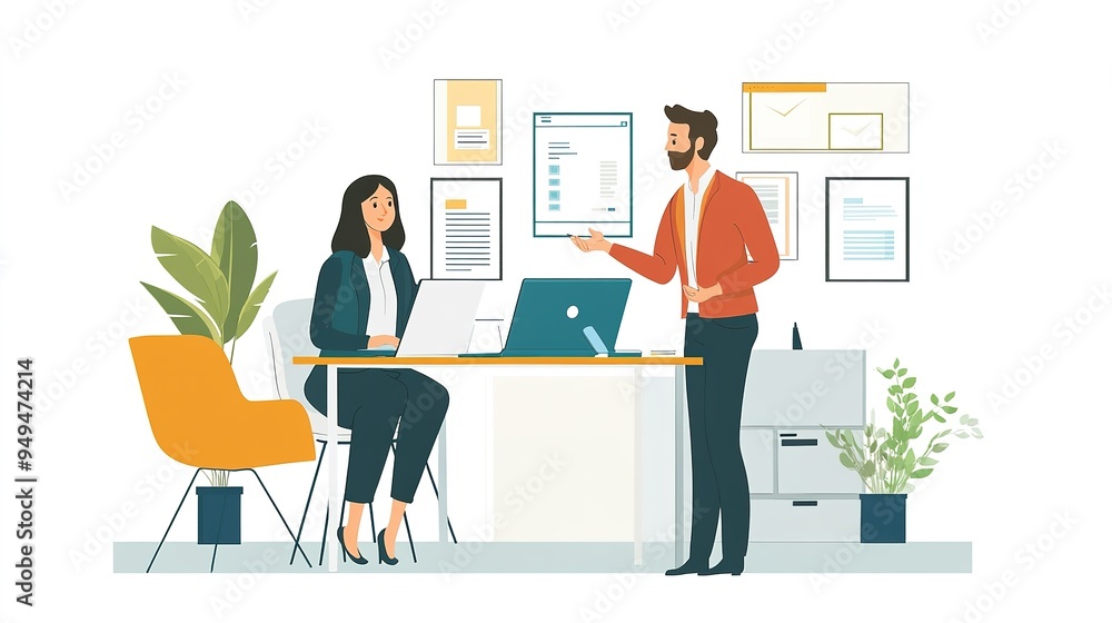 An insurance agent explaining various insurance plans to a couple in a modern office. An insurance agent explaining various insurance plans to a couple in a modern office.