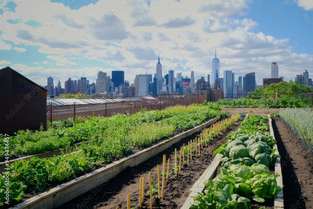 Urban rooftop farm with rows of vegetables and herbs. City skyline visible in the background, Generative AI Urban rooftop farm with rows of vegetables and herbs. City skyline visible in the background, Generative AI