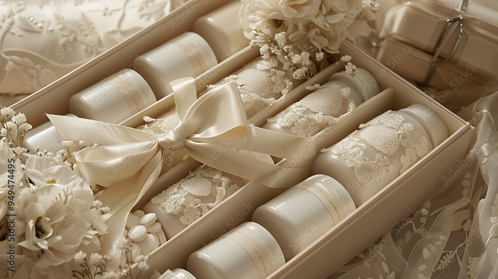A delicate white gift box with a satin ribbon and lace-covered jars. A beautiful and thoughtful present. A delicate white gift box with a satin ribbon and lace-covered jars. A beautiful and thoughtful present.