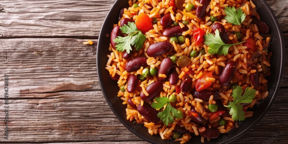 Jollof Rice with Red Beans, Tomatoes, and Fresh Cilantro in a Black Bowl on a Dark Wooden Surface, Top View with Empty Space Jollof Rice with Red Beans, Tomatoes, and Fresh Cilantro in a Black Bowl on a Dark Wooden Surface, Top View with Empty Space