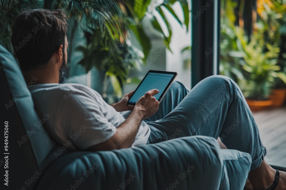 Focused person using a high-end tablet while relaxing in a modern lounge chair, highlighting convenience, technology, and a stylish lifestyle. Focused person using a high-end tablet while relaxing in a modern lounge chair, highlighting convenience, technology, and a stylish lifestyle.