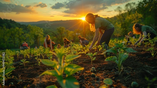 A peaceful scene of a reforestation project with volunteers planting trees, highlighting the importance of sustainability and conservation photo