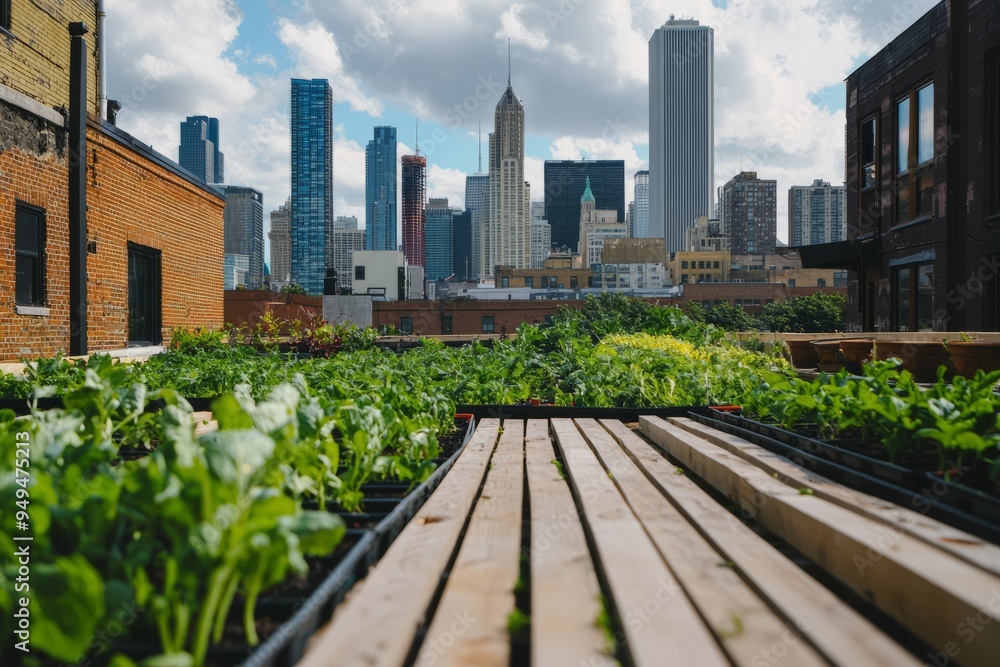 Urban rooftop farm with rows of vegetables and herbs. City skyline visible in the background, Generative AI Urban rooftop farm with rows of vegetables and herbs. City skyline visible in the background, Generative AI