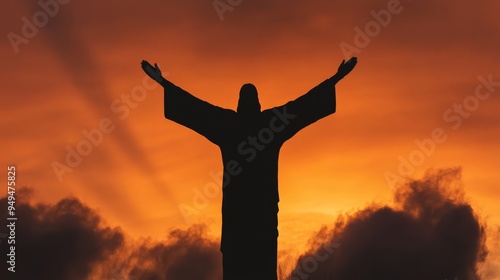 Wallpaper Mural A striking silhouette of Jesus Christ standing tall arms raised towards the sky bathed in radiant rays of light The background features a vibrant sunrise symbolizing the Resurrection and new beginning Torontodigital.ca
