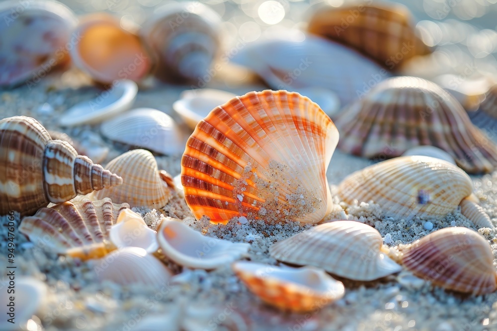 A bunch of seashells laying scattered on the sandy shore, Seashells scattered along the sandy beach A bunch of seashells laying scattered on the sandy shore, Seashells scattered along the sandy beach