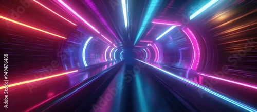 Fototapeta Naklejka Na Ścianę i Meble -  Abstract flight in a retro neon hyper warp space tunnel rendered in 3D cartoon style illustration