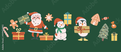Merry xmas horizontal banner design with cartoon flat santa, snowman and animals. Cute childrens characters with gifts and candy canes. Hand drawn Christmas Festive elements background. Happy Holidays