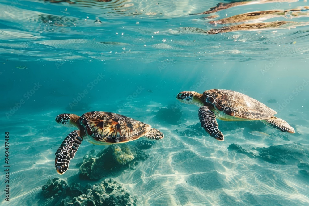 Obraz premium A couple of sea turtles gracefully glide through the ocean waters, Sea turtles gracefully gliding through the crystal-clear water