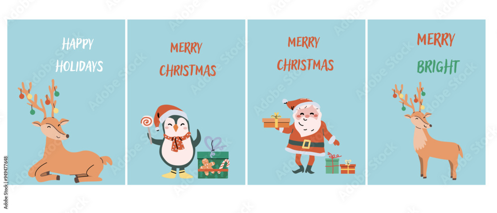 Fototapeta premium Cute Happy Holidays Xmas vertical cards set. Greeting card or banner with festive elements, cartoon characters. Decorative background for story or social media post. Christmas Hand drawn flat illustra