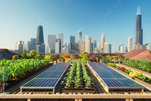 Urban rooftop farming setup with solar panels and crop beds. City skyline under a clear blue sky, Generative AI photo