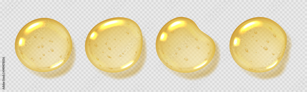 Oil drops, yellow serum with bubbles, transparent honey droplets top view, realistic glossy liquid, moisturizing cosmetic product, hyaluronic acid concept. Vector illustration.