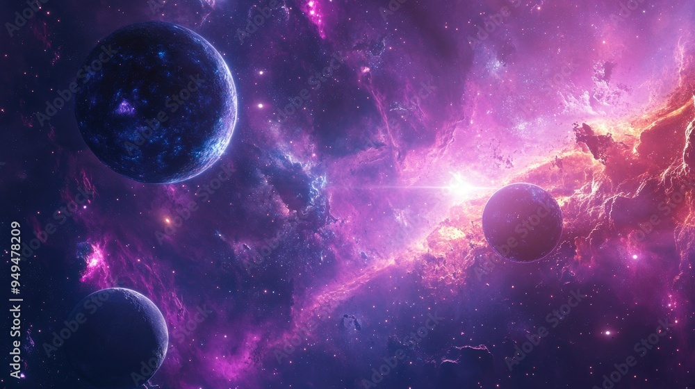 Panoramic space scene featuring planets stars and galaxies Banner design showcasing numerous nebulae and galaxies in the vast universe 3D rendered large scale cosmic structure Panoramic space scene featuring planets stars and galaxies Banner design showcasing numerous nebulae and galaxies in the vast universe 3D rendered large scale cosmic structure