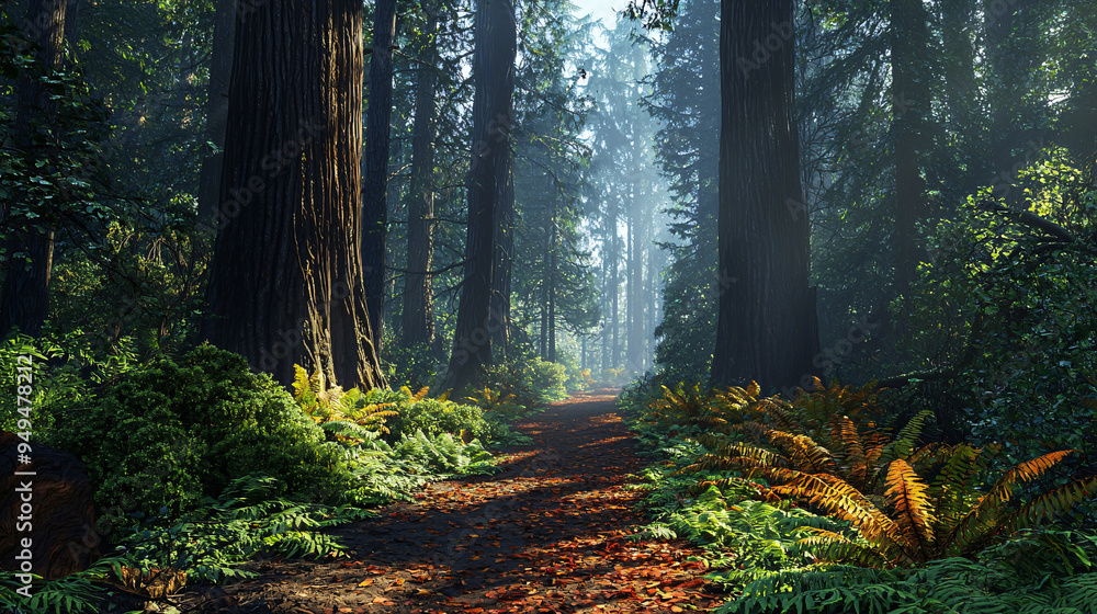 Obraz premium Majestic, towering redwoods, ancient forest, serene, high quality, photorealistic, lush undergrowth, dappled sunlight, peaceful, breathtaking, nature's grandeur::0.9 misty fog, forest trails, 
