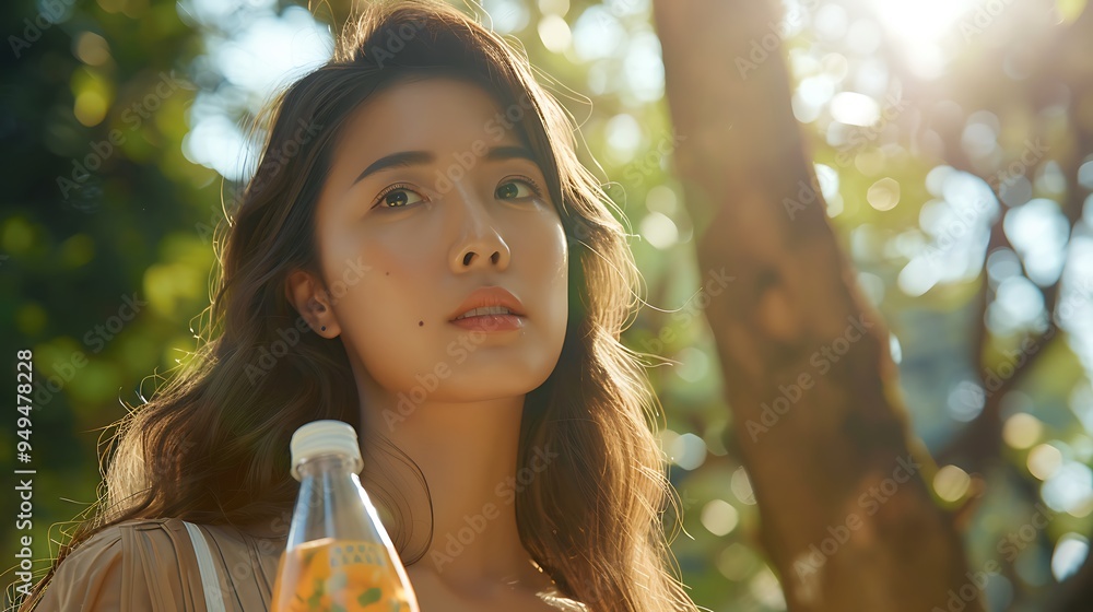 A fresh and natural photo of an Asian model promoting a health drink, standing outdoors with a bottle in hand, surrounded by nature, and bathed in warm sunlight that enhances the product's healthy A fresh and natural photo of an Asian model promoting a health drink, standing outdoors with a bottle in hand, surrounded by nature, and bathed in warm sunlight that enhances the product's healthy