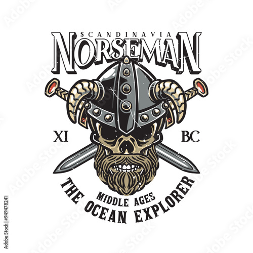 Viking head vintage label style with swords in the background