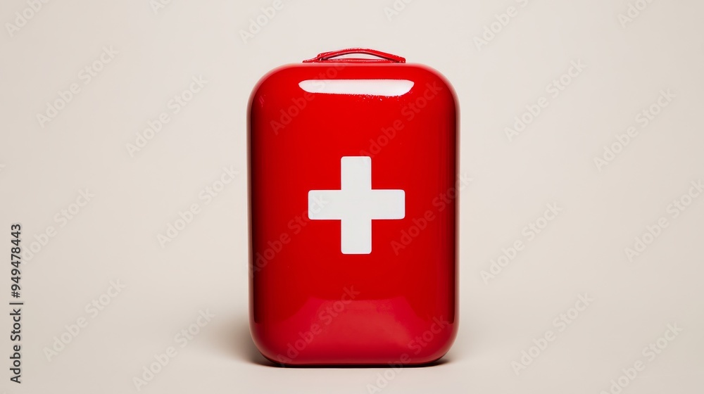 A vibrant red first aid kit with a white plus symbol on the lid positioned against a neutral background to emphasize its clarity and purpose A vibrant red first aid kit with a white plus symbol on the lid positioned against a neutral background to emphasize its clarity and purpose