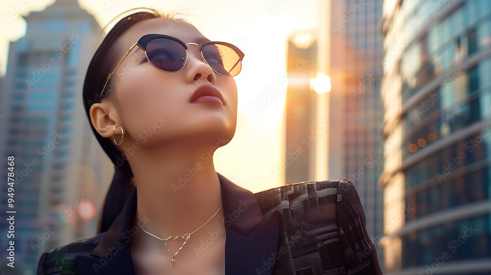 A chic photo of an Asian model advertising high-end sunglasses, with a stylish outfit and modern cityscape in the background, creating a sense of luxury and fashion-forward appeal. 8k UHD, suitable A chic photo of an Asian model advertising high-end sunglasses, with a stylish outfit and modern cityscape in the background, creating a sense of luxury and fashion-forward appeal. 8k UHD, suitable