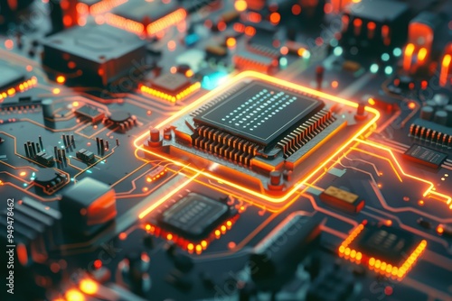 A futuristic setup displays a computer systems processor and microchip, surrounded by intricate electronic circuits that symbolize the forefront of technological innovation