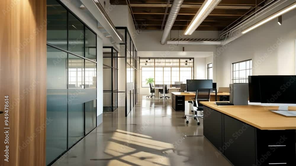 Modern office hallway with abstract artwork on the wall, ready for a meeting or a break. Modern office hallway with abstract artwork on the wall, ready for a meeting or a break.