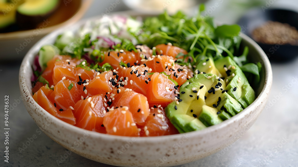 Fresh salmon poke bowl featuring tender cubes of salmon, avocado slices, mixed greens, and sesame seeds. Fresh salmon poke bowl featuring tender cubes of salmon, avocado slices, mixed greens, and sesame seeds.