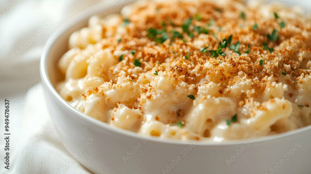 Creamy mac and cheese topped with a crispy breadcrumb crust, served in a white bowl. Creamy mac and cheese topped with a crispy breadcrumb crust, served in a white bowl.