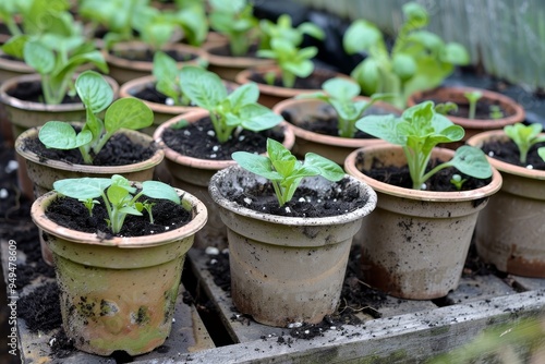 Multiple potted plants with seedlings on wooden box, Seedlings peeking out from small pots, promising a bountiful harvest to come