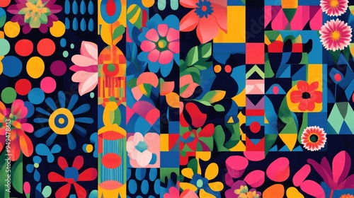 Multicolored geometric textile pattern illustration featuring abstract designs floral motifs and vibrant backgrounds in an all over composition