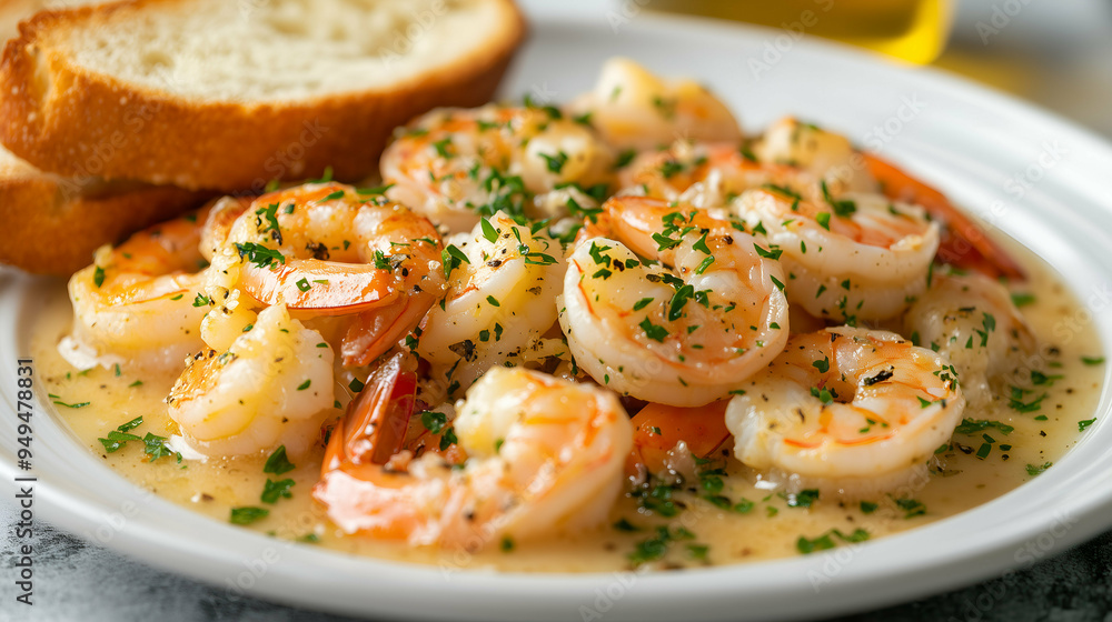 Garlic Butter Shrimp Scampi with Fresh Parsley and Slices of Bread Garlic Butter Shrimp Scampi with Fresh Parsley and Slices of Bread