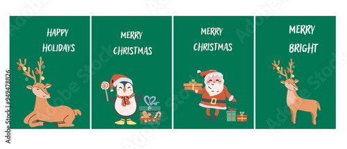 Cute Happy Holidays Xmas vertical cards set. Greeting card or banner with festive elements, cartoon characters. Decorative background for story or social media post. Christmas Hand drawn flat illustra