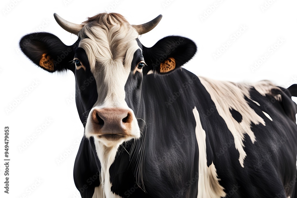 A striking cow with a white face and black body standing on a white background, AI Generated A striking cow with a white face and black body standing on a white background, AI Generated