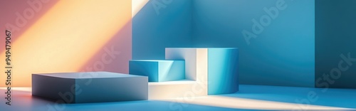 Blue cube podium on the floor with platforms for product display mockup in an abstract pastel background featuring 3D rendered geometric shapes photo