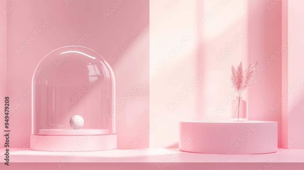 Pink background featuring a pedestal and a display case 3D rendering Pink background featuring a pedestal and a display case 3D rendering