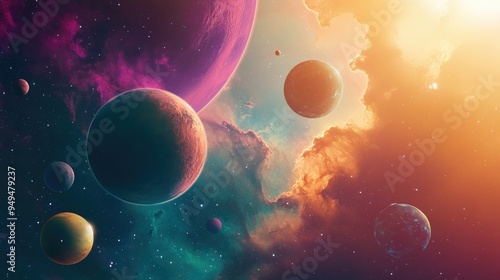 Futuristic cosmic scene featuring various planets in a sci fi setting photo