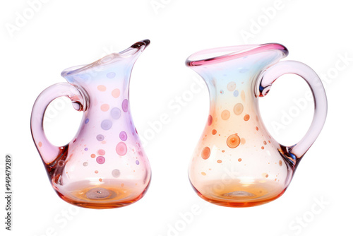 hand-blown glass pitcher with unique swirls and bubbles, isolated on a white background. photo